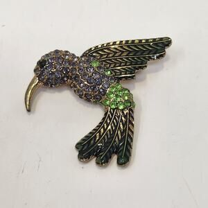 Hummingbird Green Pink Rhinestone Brooch Pin Bird Costume Jewelry Figural